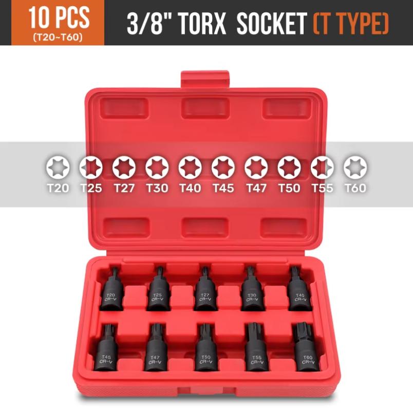 

10PC 3/8 Drive Socket Set H3-14/T20-60 with Red Case, Professional Torx/Hex Tool Kit for Auto Maintenance