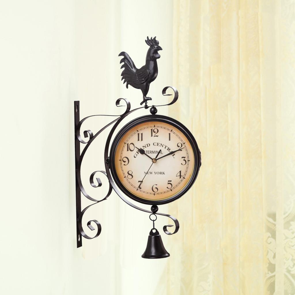 Vintage Double Sided Wall Clock Iron Metal Silent Wall Clock with Decorative Bell Rooster Statue Sculpture Wall Ornament