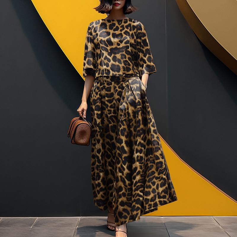 

ZANZEA Женская блузка и брюки с широкими штанинами, повседневный костюм-двойка с леопардовым принтом XL хаки