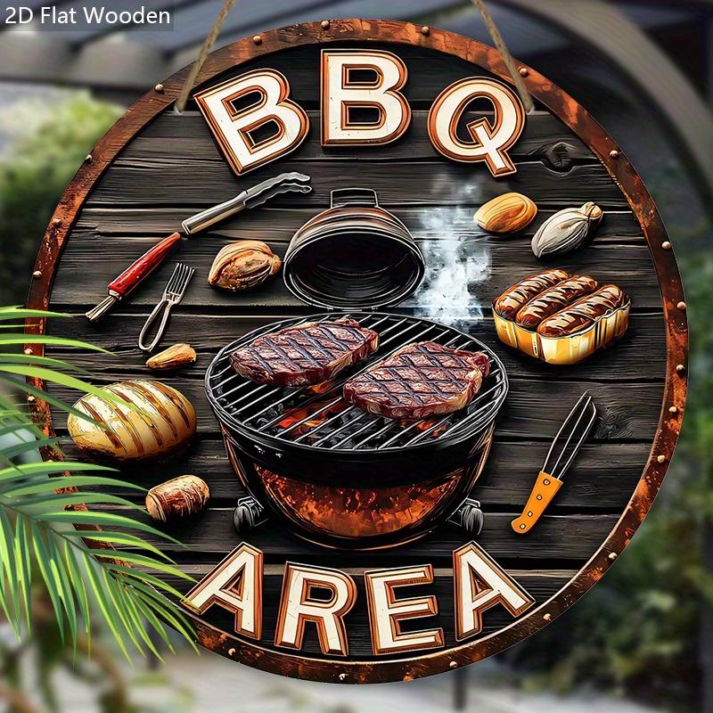 Vintage-Inspired BBQ Area Wooden Sign - Grill-Themed Outdoor Decor with Steak & Tools Imagery - Retro BBQ Decorative Plaque