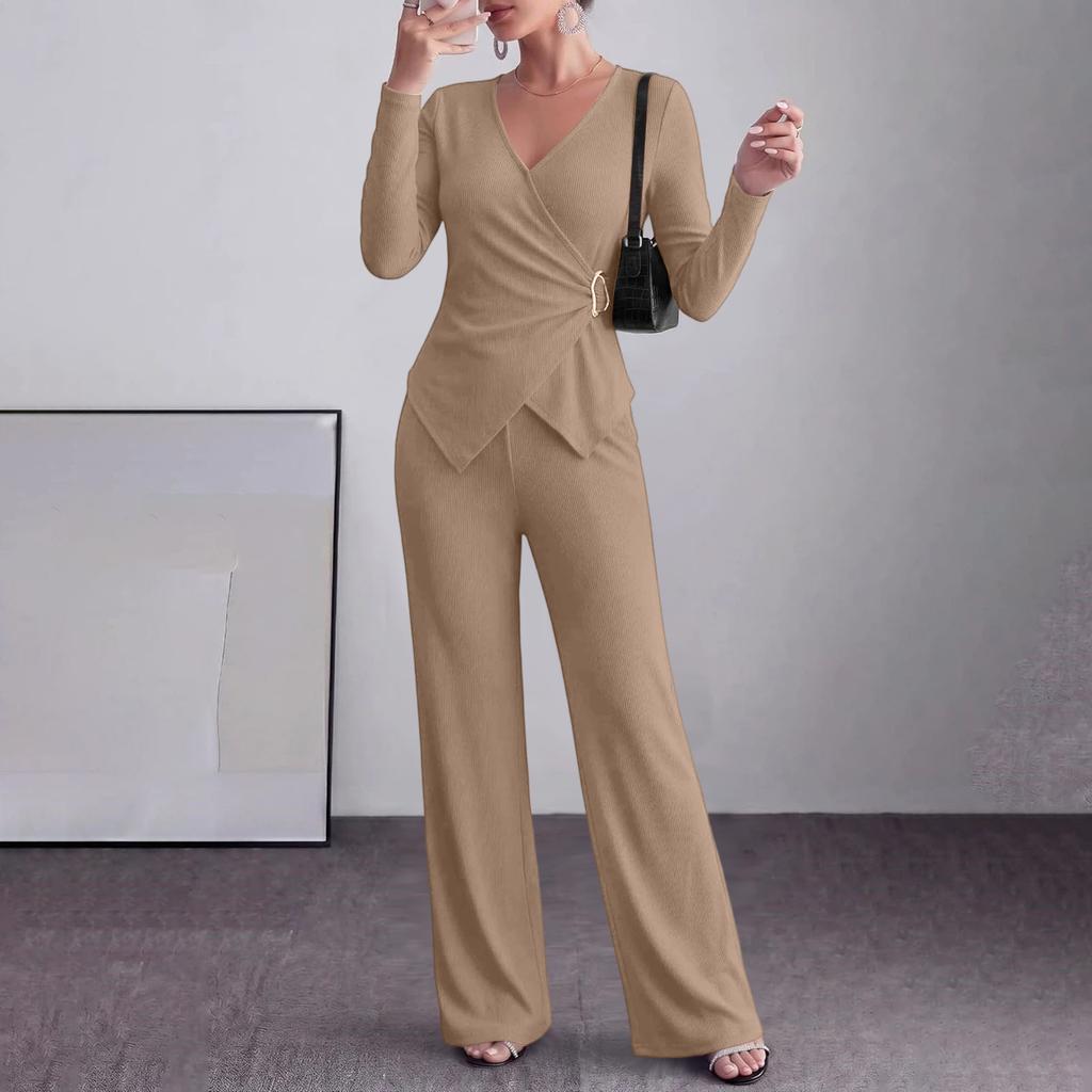 Women's Two Piece Outfit Long Sleeve V-Neck Button Top with Wide Leg Pants and Chest Buttons