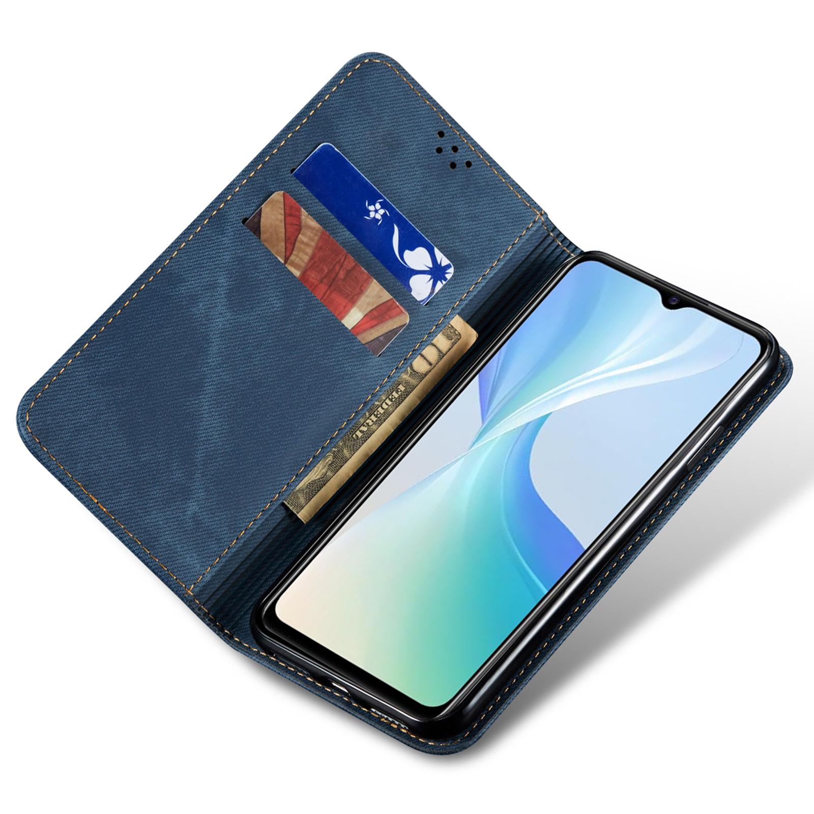 

For vivo X100 5G Cell Phone Case Jeans Cloth Texture Wallet Stand Leather Cover Blue