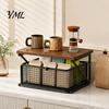 Small Desktop Furniture Coffee Station Organizer with Drawer, Tiered Bar Organizer, Wooden Top Shelf, Wire Mesh Drawers for Tea Bags, Capsules, Office
