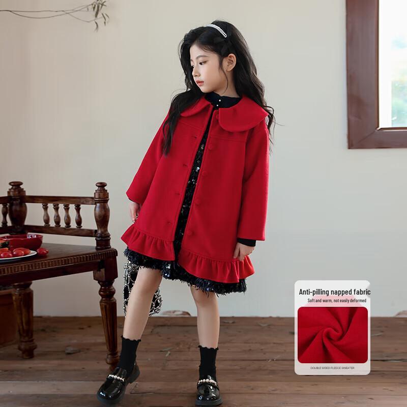 Girl's Mid-Length Red Woolen Coat