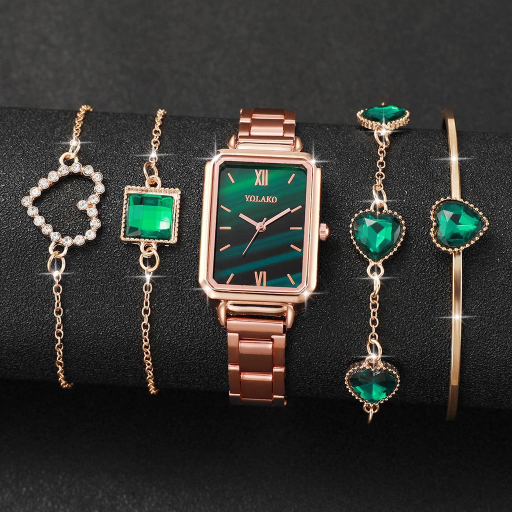 5PCs/Set Classic Women's Watch Set Fashion Stainless Steel Rectangular Dial Green Watch Bracelet Set