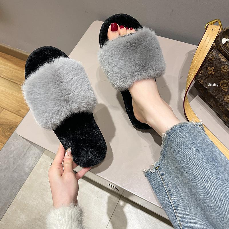 Dames Pluizige Konijnenbont Open Teen Pantoffels - Effen Kleur, Casual Huisstijl