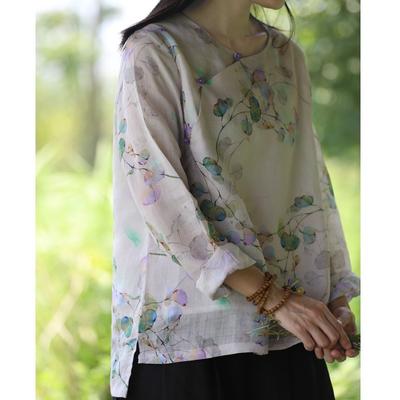 Woman Spring Niche Print Retro Long Sleeves Shirt Personality Chinese Style Casual Vintage Shirt