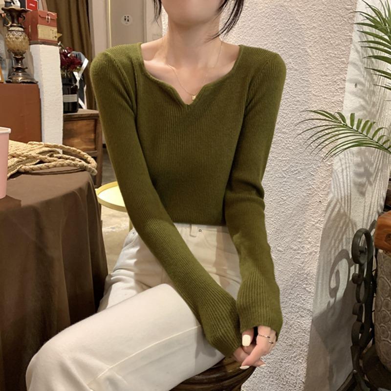 Fashion Square Collar Inner Knitted Pullover Bottoming Sweater Autumn Winter Slim Fit Office Loose Tops Knitwear V Neck Solid Basic Sweet Clothing