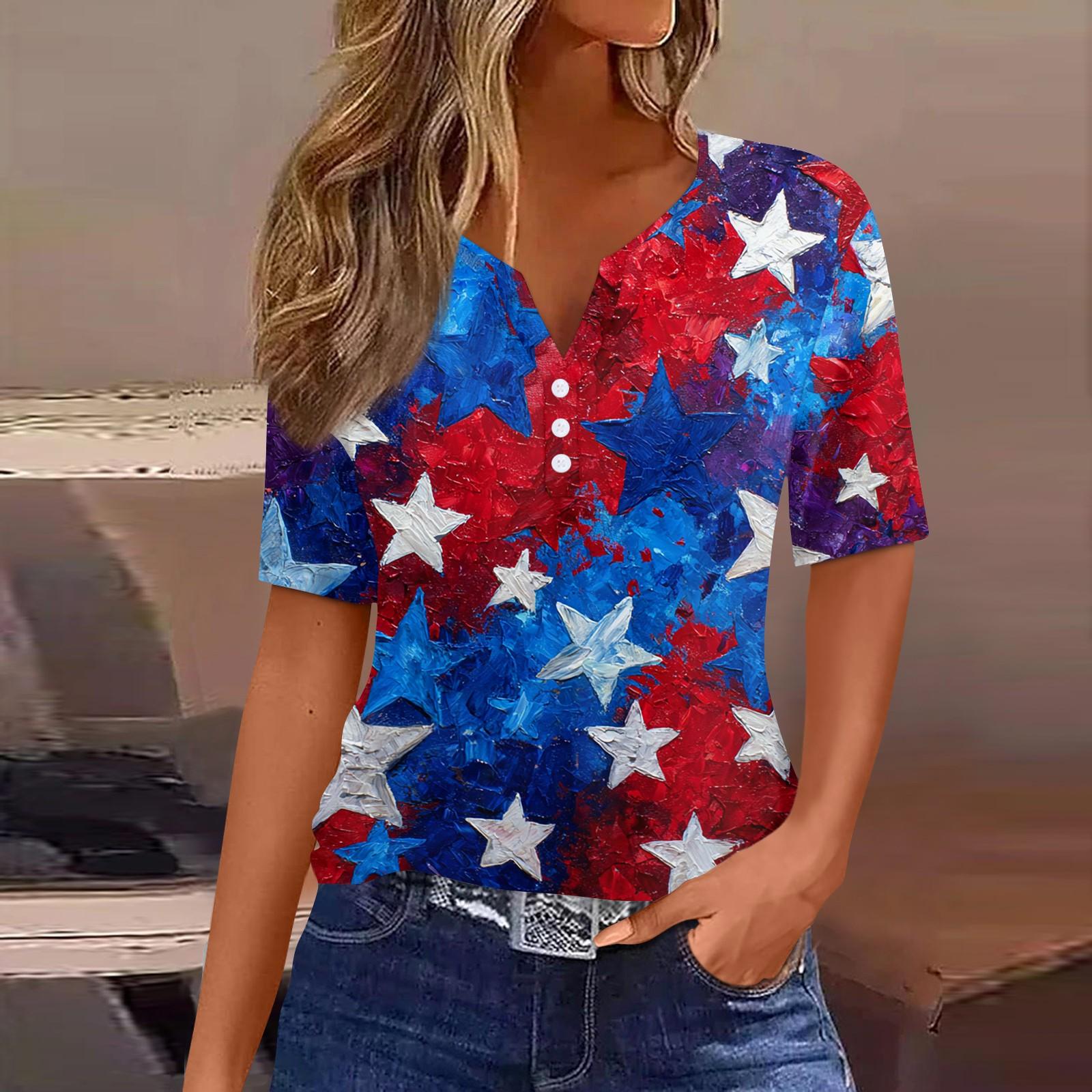 

Women s T Shirt Independence Day Print Button Short Sleeve Daily Weekend Fashion Basic V- Neck Regular Top M