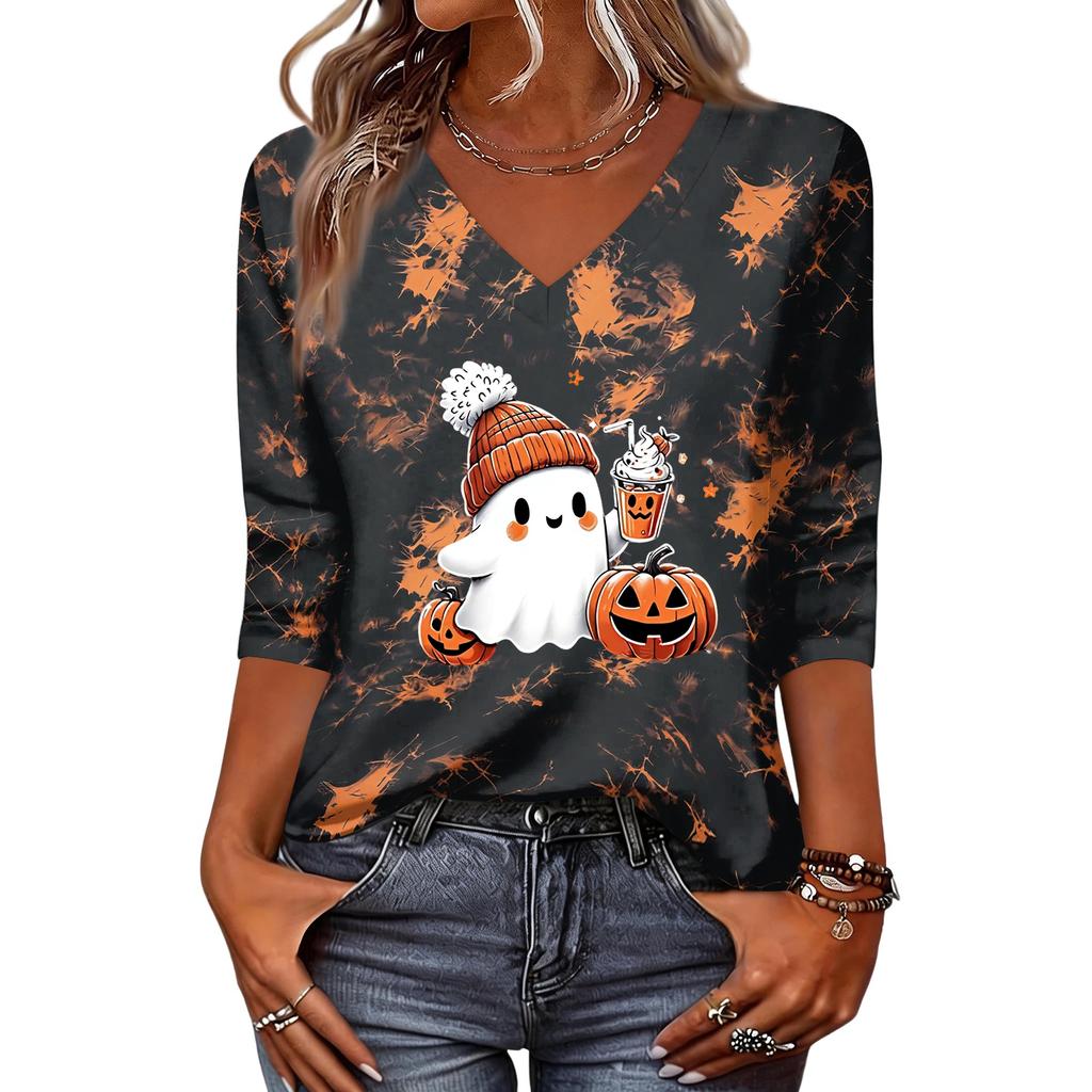 Women's Halloween Print V-Neck Three-Quarter Sleeve Casual Top