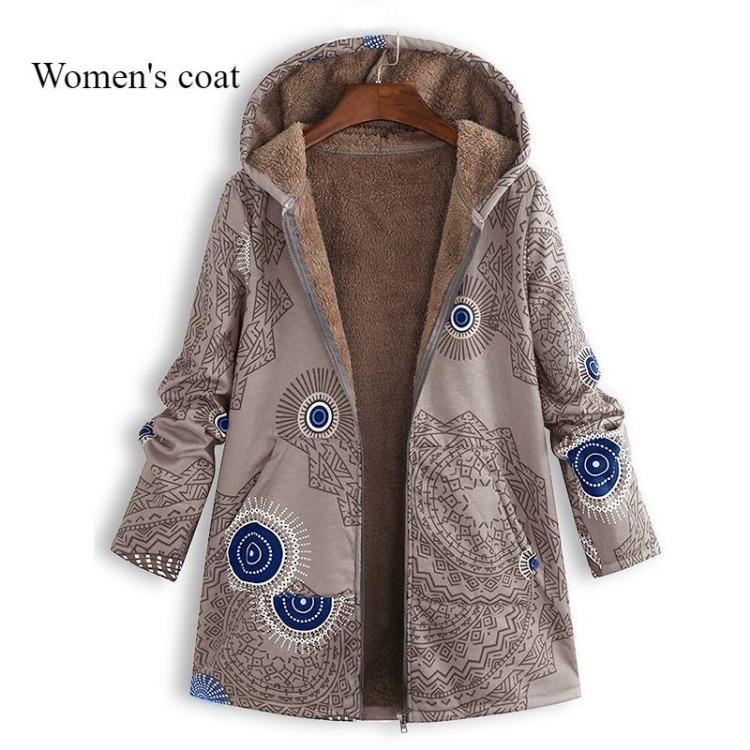 Hooded Women Thick Cotton Linen Jacket Zipper Print Coat Warm Pocket New Autumn Winter
