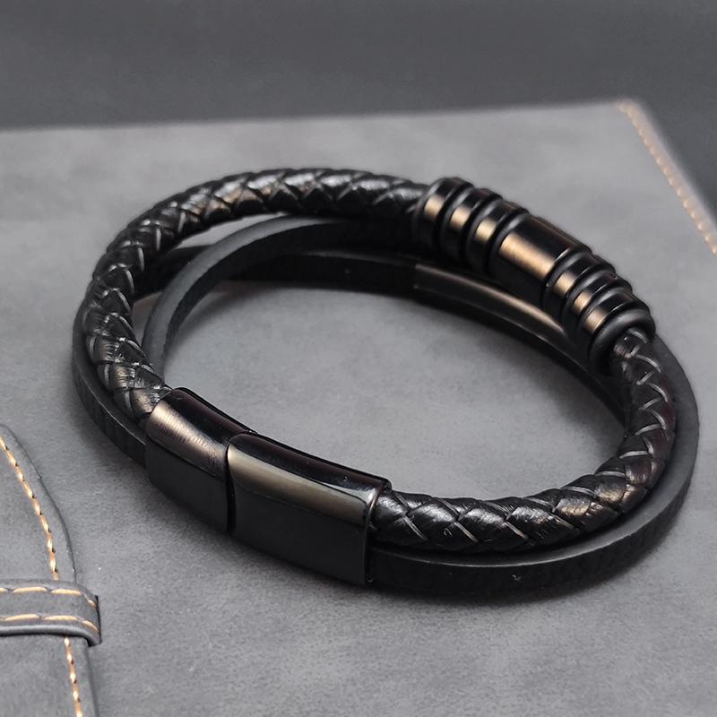 Luxury Stainless Steel Beaded Bracelet Fashion Men's Jewelry Classic Multilayer Braided Leather Bracelet Homme New Year Men Gift