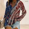 Women Plus Size V Neck Long Sleeve Printed Top Red Blue White Button Detail Curved Hem