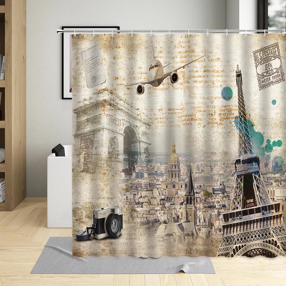 Retro Paris Tower Flower Oil Painting Shower Curtain Elegant Fabric Waterproof Bathroom Decor Screens Bath Curtains With 12 Hook