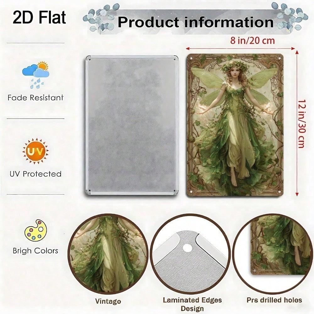 Enchanted Forest Fairy Metal Wall Art, 8x12 Inch Vintage Green Fairy With Floral Dress & Leaf Wand, Rustic Iron Fantasy Bedroom