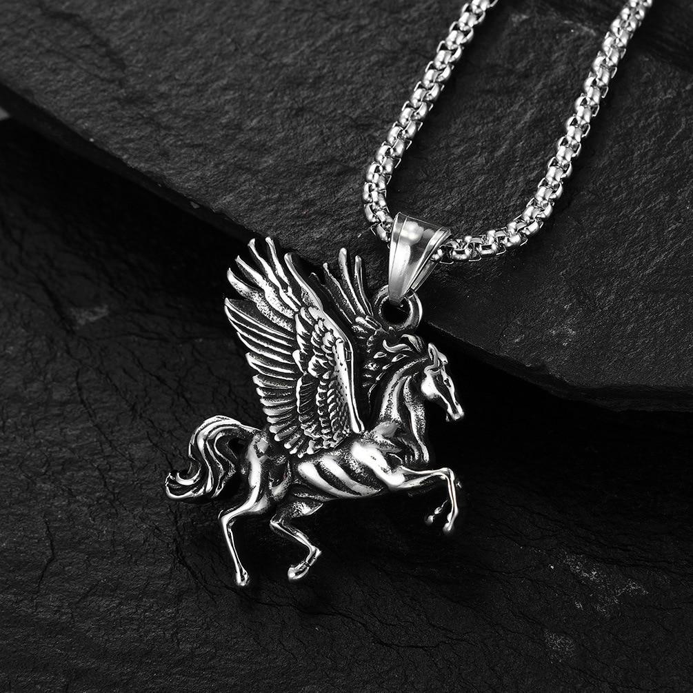 Vintage Greek Titanium Steel Double Wing Unicorn Necklace Men and Women Pendant Accessories Party Punk Holiday Gift Jewelry