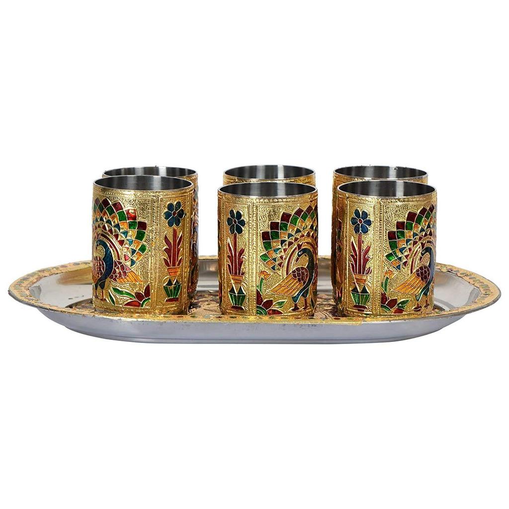 Handicrafts Set of 6 Stainless Steel Glass Indian Handmade Meena Work Peacock Design Golden Color Diwali Christmas Tumbler Gift Set With Serving Tray