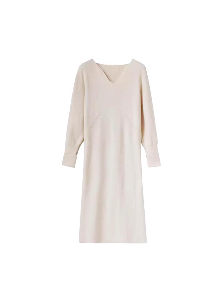 Damen High-End Strickkleid mit V-Ausschnitt und figurschmeichelndem Midilängen-Design für Herbst/Winter.