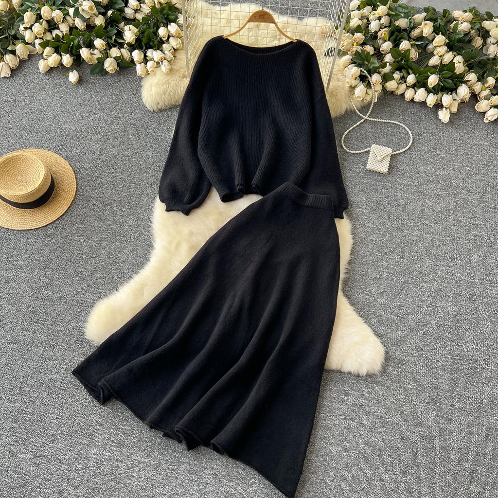 Autumn Casual Two Pieces Sets Women O-Neck Loose Knitting Top+Elastic Waist Large Swing Skirt Basic Korean Winter Sets