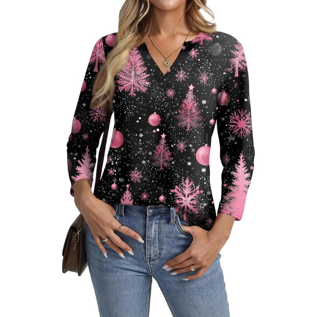 Women's Casual Fashionable Sexy Comfortable V-Neck Christmas Three-Quarter Sleeve Top