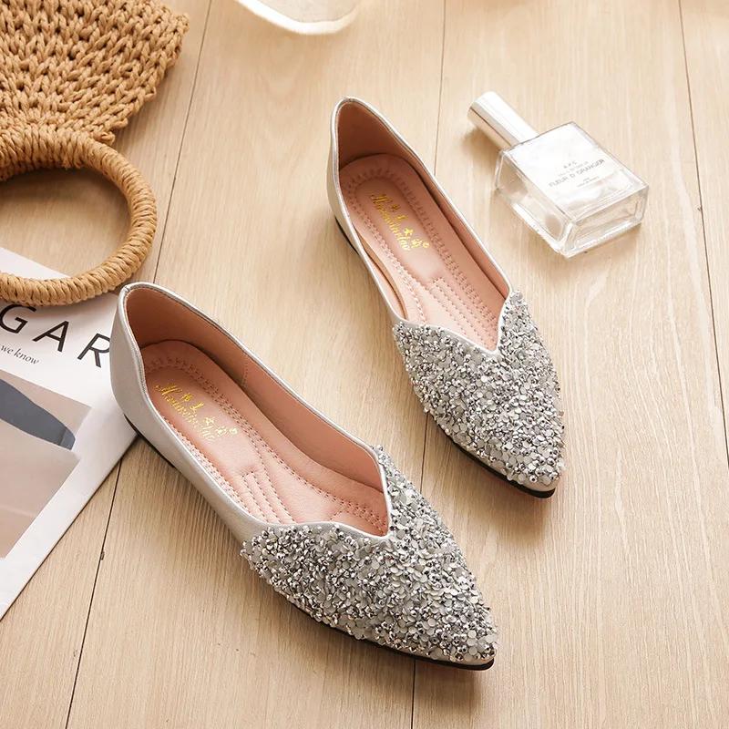 Fashion Flat Shoes for Women 2025 New Spring and Autumn Square Toe Shallow Rhinestone Bow Flat Scoop Shoes Women Ladies Plus Size 41-43