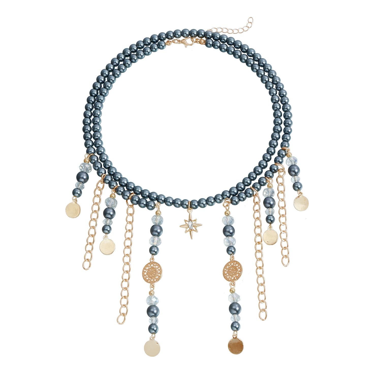 Russian Vintage Multi-layer Tassel Beaded Necklace, Bohemian Style Round Black Bead Choker 1