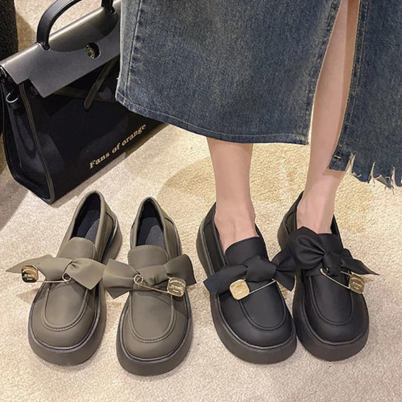 Nové kožené boty v britském stylu pro ženy Boty Mary Jane na silné platformě s mašlí De Mujer