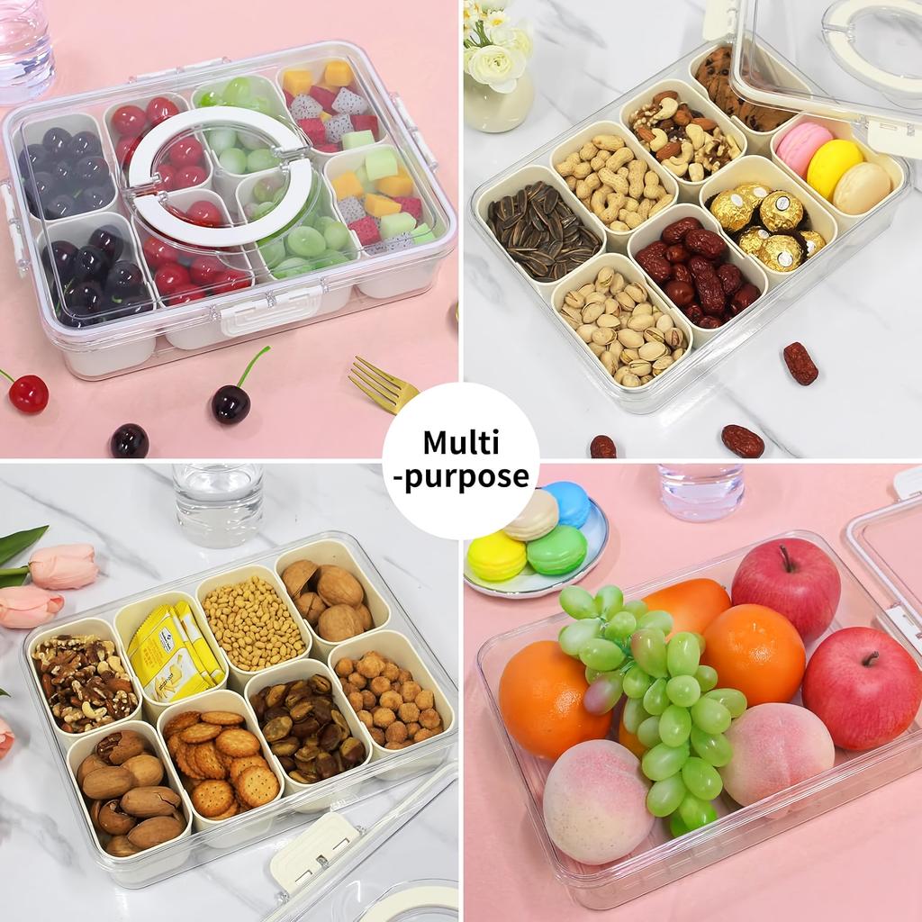 Snack Box Container, 8-compartment Divider Tray with Lid and Handle for Food, Snacks, Nuts, Fruit, Picnics, Travel - H-006-8