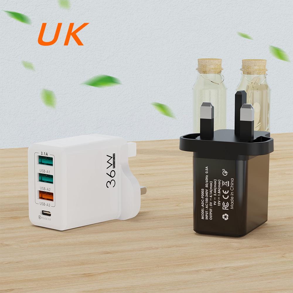 36W Multi-Port Charger with 3A+1C Ports, UK Standard, High-Power 3.1A Flash Charging