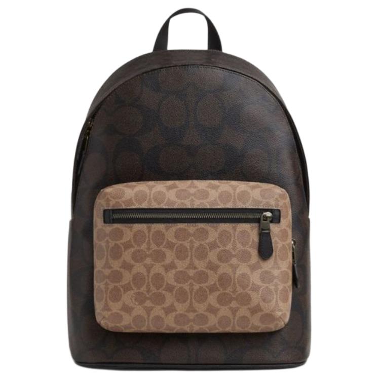 Coach Men's Brown/Yellow West 32 Color Block Classic Logo Zipper Closure Coated Canvas Backpack Large Backpack Walnut - Cab59-Qbxi8