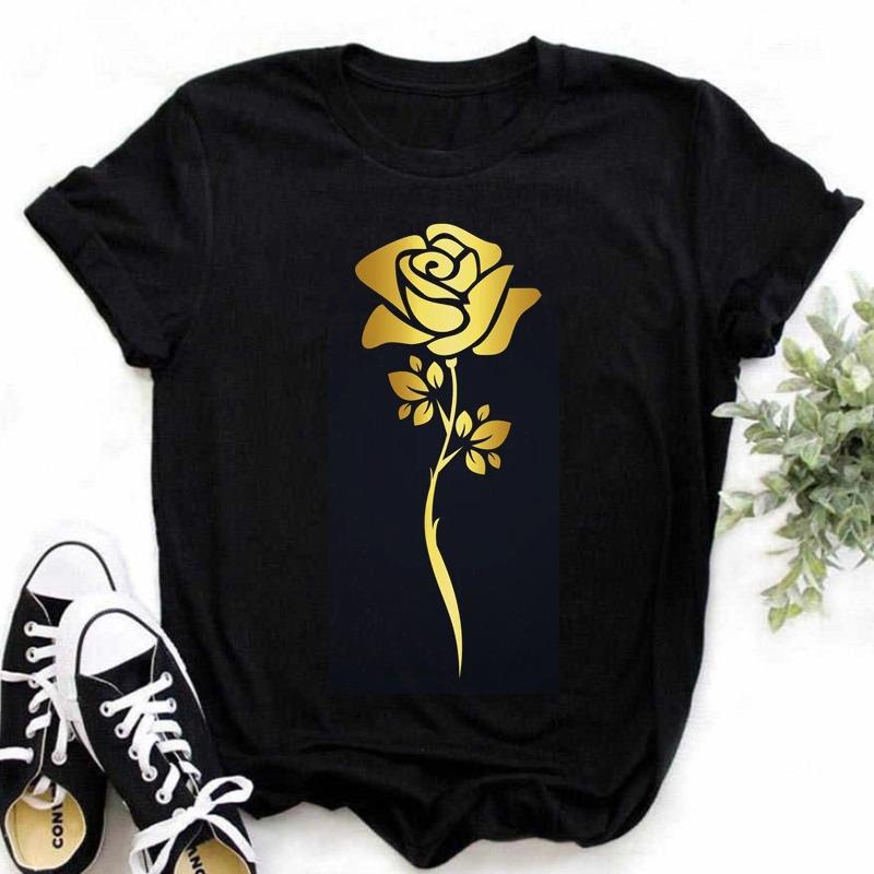 Fashion Gold Rose Print Women T Shirt Harajuku Short Sleeves Tshirts Casual O-neck Top Tee Shirt Women Black T-shirt
