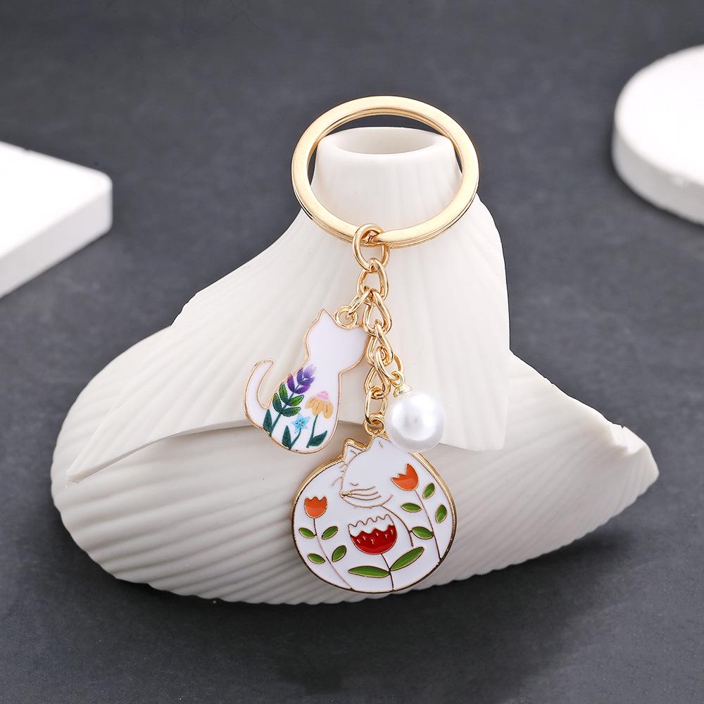 Drip Oil Cartoon Flower Cat Pearl Keychain Pendant