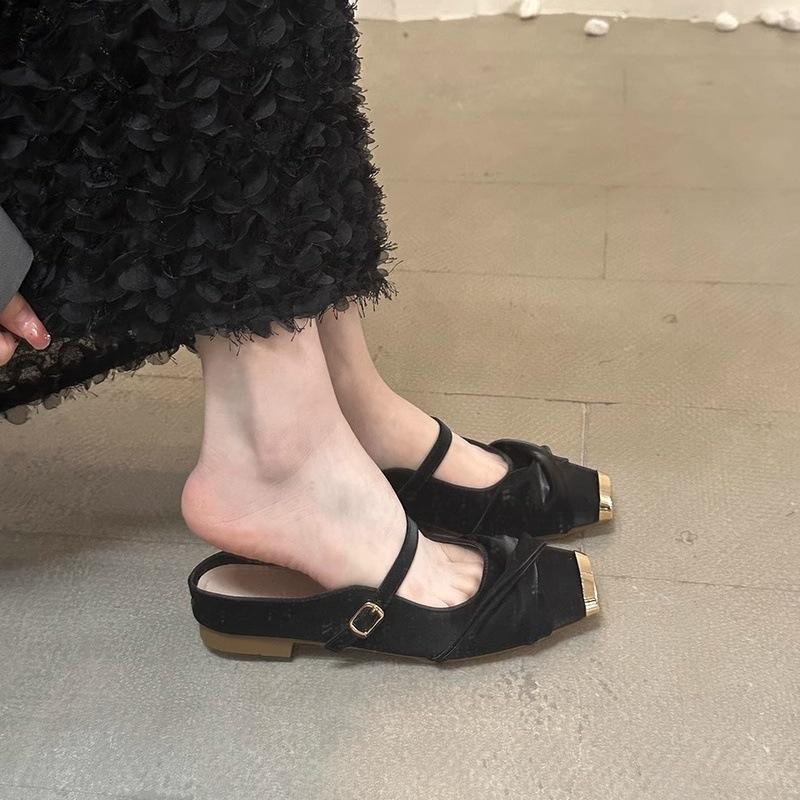 Metal square head flat heel half drag 2025 spring bag head soft leather soft sole slippers women wear one word with Mary Jane shoes