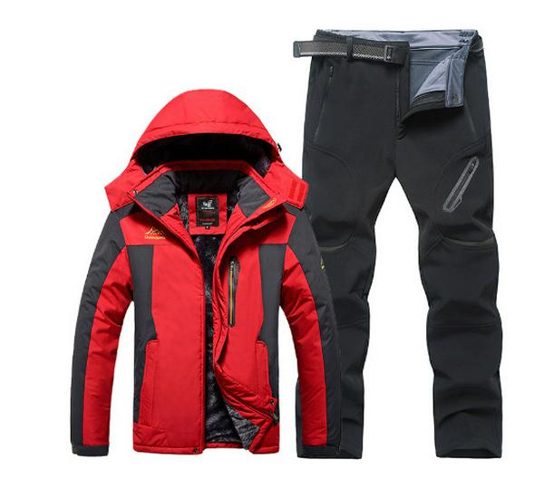 Men's 2023 Winter Hooded Ski Suit with Fleece Lining - Thick, Waterproof & Windproof Pants Set