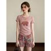 [Spot] Pink baby elephant printed short-sleeved T-shirt women's summer sweet wind slim and thin small top