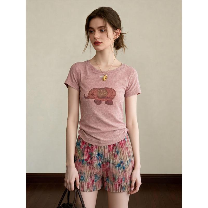 [Spot] Pink baby elephant printed short-sleeved T-shirt women's summer sweet wind slim and thin small top