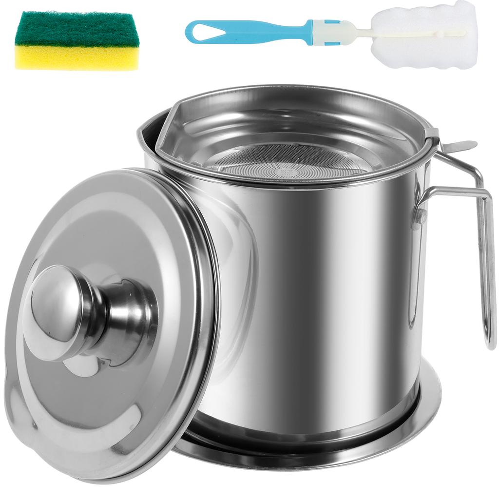 2/1.5L Oil Filter Fry Basket Oil Storage Can Pot Stainless Steel Oil Strainer Pot with Fine Mesh Strainer Grease Container Kitch