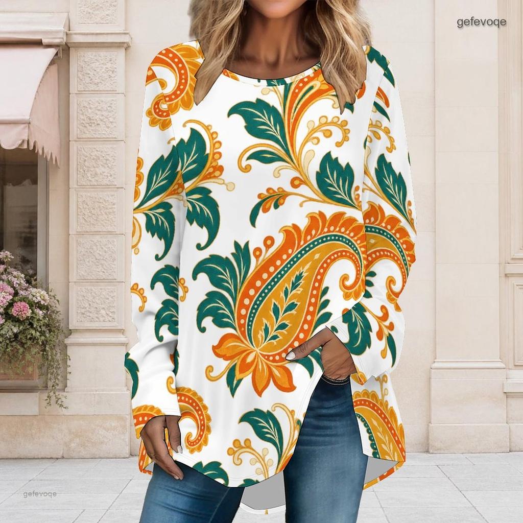 Women Plus Size Round Neck Long Sleeve Paisley Floral Printed Loose High Low Hem T Shirt