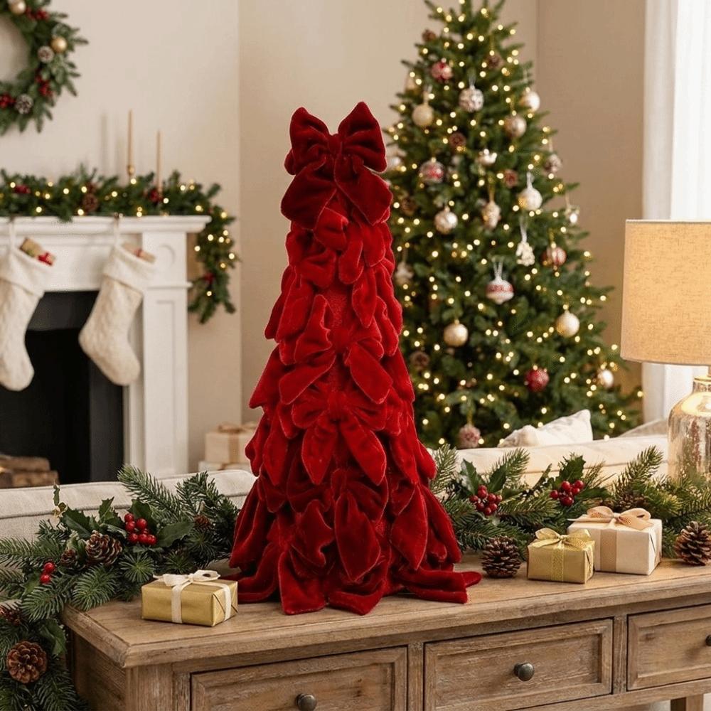Soft Bow Tree Tower Handmade Craft Holiday Tabletop Decoration Velvet Bow Christmas Tree  Party