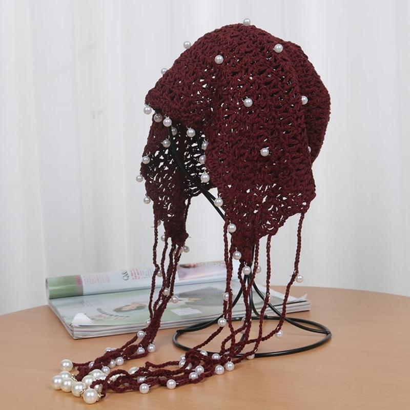 Elegant Pearls Beanie Hat Breathable Hat Y2K Crochet Beanie Hat Holiday Y2K Crochet Hat Encrusted Pearls