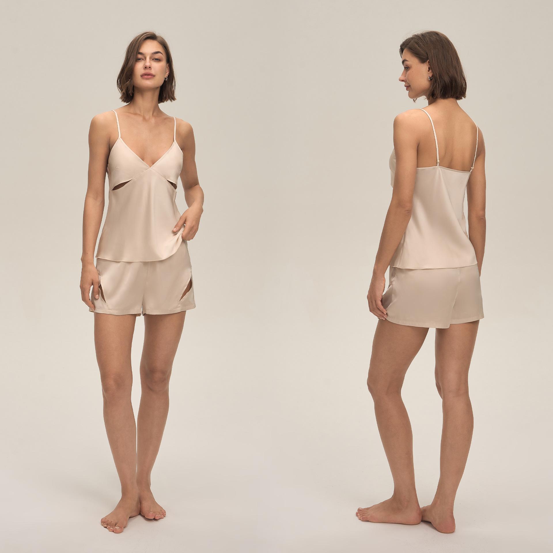 

Satin Pajama Set for Women 2 Piece Camisole Top and Shorts Set Silk Lingerie with Ruffle Nightwear Sexy Lace Pajamas Set Lounge Wear for Women XL шампанського