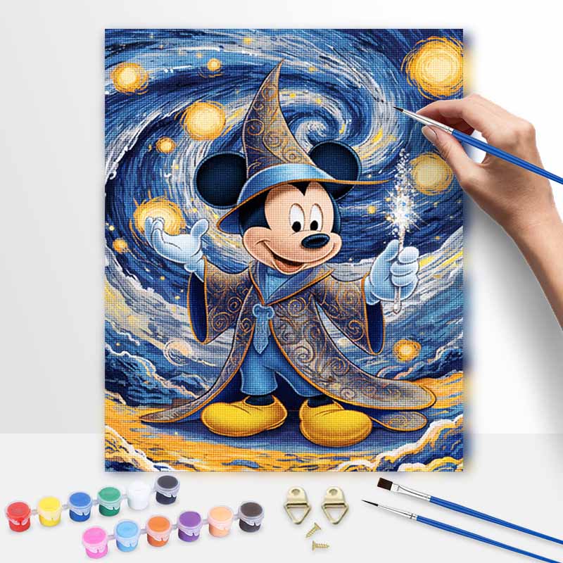 Disney Oil Painting DIY Digital Painting Mickey Mouse Wizard Starry Night Art HandPainted Living Room Entryway Wall Decor.
