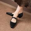Krazing Pot Microfiber Square Toe Thick Med Heels Spring Summer Shoes Big Size 43 Metal Buckle Beauty Women Shallow Pumps
