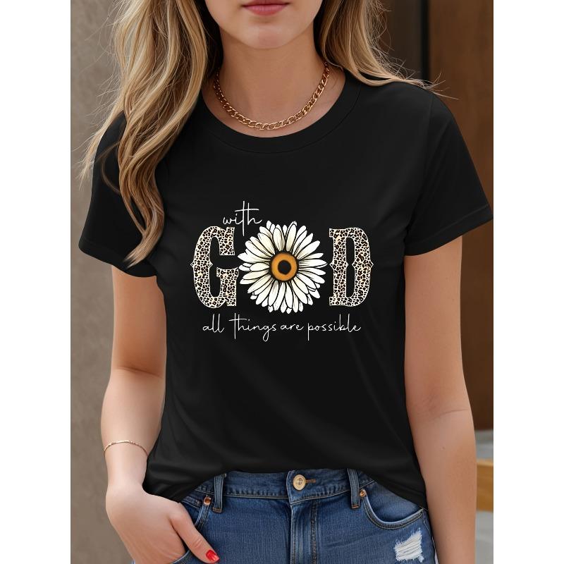 European Size Women'S Short Sleeve - "with GOD All Things Are Possible" Golden Lettering & Leopard Print Design, Round Neck Casual Top