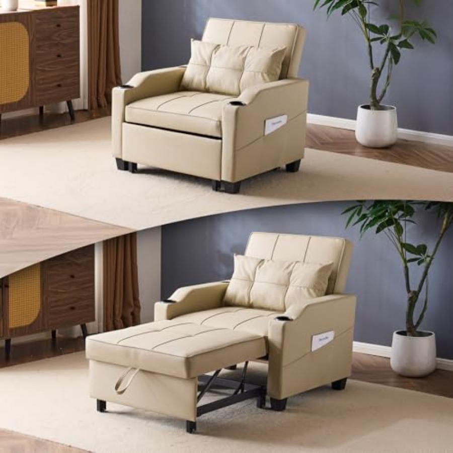 Sofa Bed Chair Recliner, 3-in-1 Convertible Sleeper Sofa Chair Bed Beige Daybed Pull Out Couch Bed with Adjustable Backrest, US
