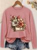 Women's Casual Long Sleeve Round Neck T-Shirt with Floral and Star Illustration Print, Soft & Simple Top for Commute,