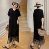 Summer WoMan's Beach Vacation Dress Loose Plus Lace Tassel Short-sleeved Long Dress