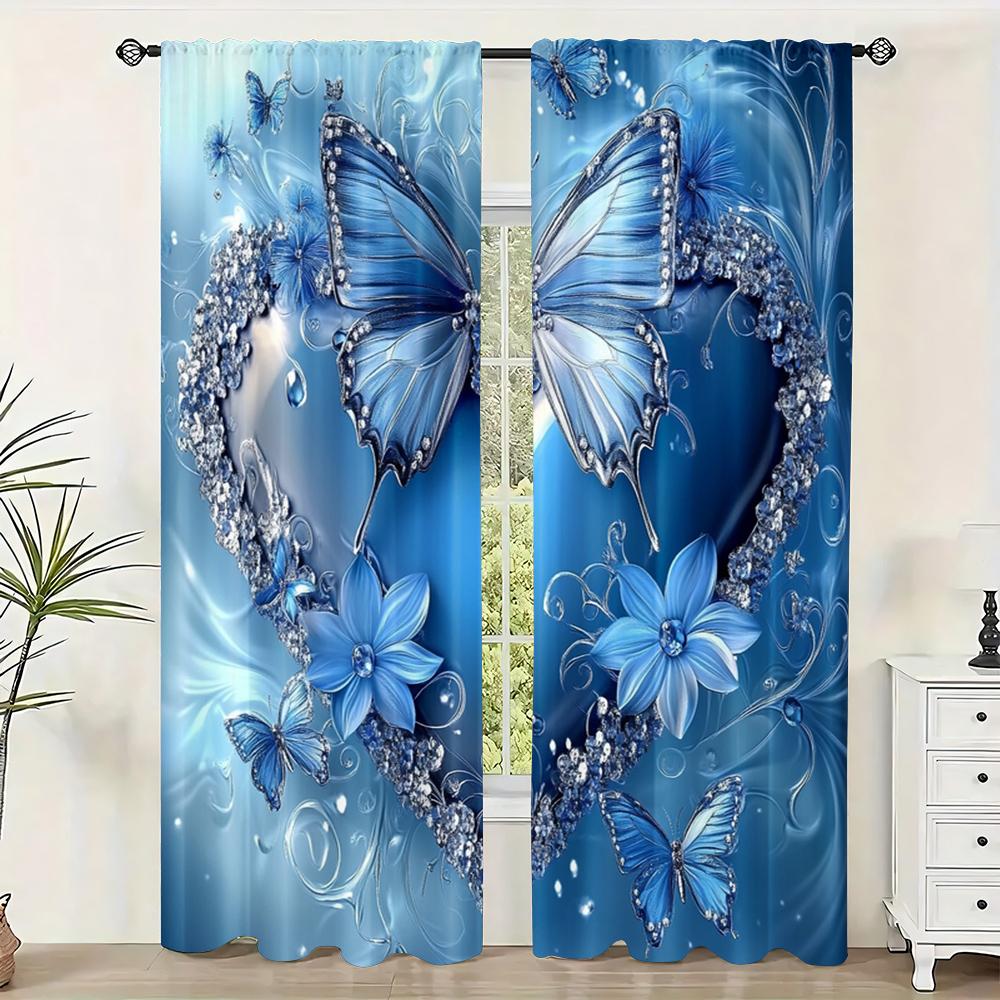 

Blue Heart Butterfly Curtain Rod Hole Perfect Bedroom Office Kitchen Living Room Study Home Decor Polyester For Area W100*H70(CM)-Rod Pocket&2PCS