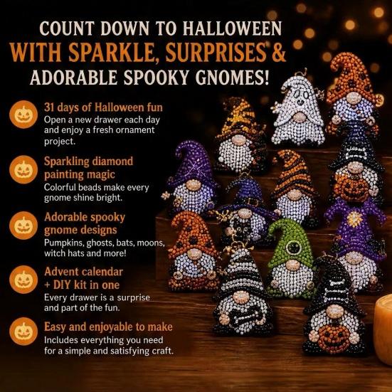 Kit Artigianale di Halloween Calendario dell'Avvento Pittura con Strass Gnomo 31 Giorni, Kit Artigianato Fai-da-te per Bomboniere Festa, Ornamenti Artistici Fatti a Mano con Strumenti per Perline