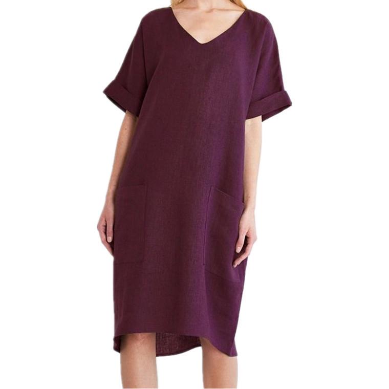 V-neck Short Sleeve Cotton Linen Summer Dress with Pockets